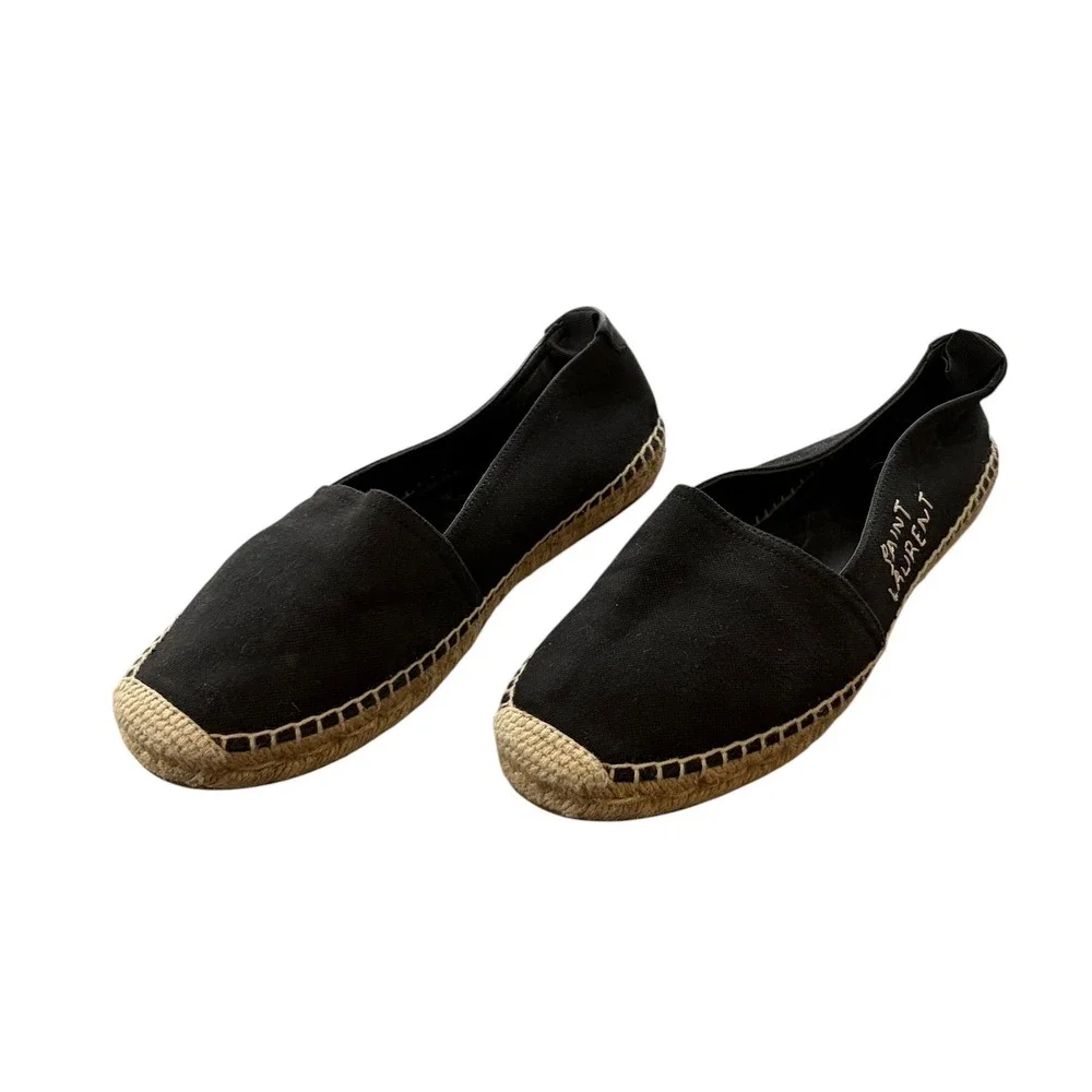 Saint Laurent Womens Espadrilles Flats Shoes Black Canvas Embroidered Logo 37.5